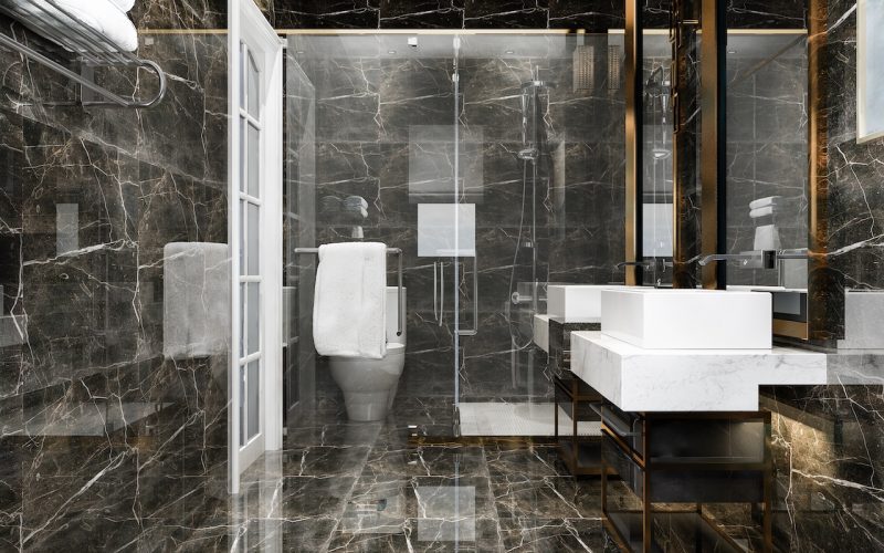 3d rendering modern black bathroom with luxury tile decor